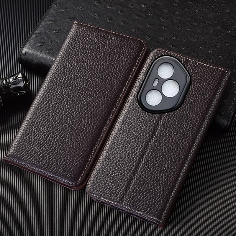 

Genuine Leather Flip Case For Honor 60 70 80 90 100 200 300 400 GT Pro Plus Lite Ultra Phone Cover Cases Litchi Pattern Handmade