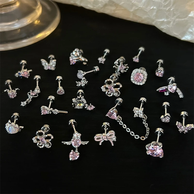 1 PCS Korean Style Shiny Ear Bone Nail 316L Stainless Steel Y2K Cute Pink Bowknot Zircon Crystal Earring Women Cochlea Jewelry