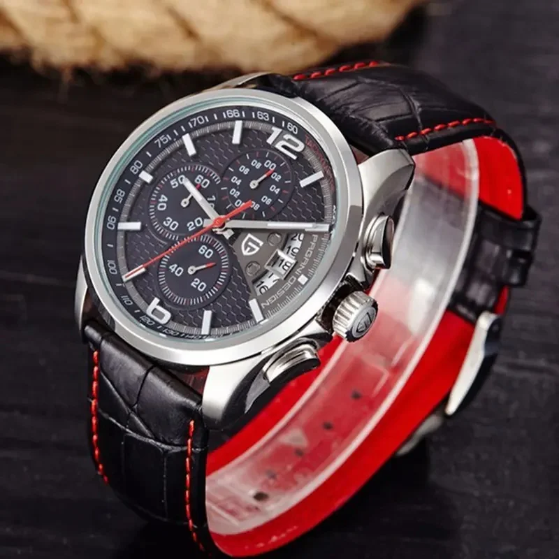 PAGANI‑DESIGN PD‑3306 Large Dial Men Quartz Watch Chronograph Tachymeter Hardlex Crystal Leather Strap Casual Male Sports view 2