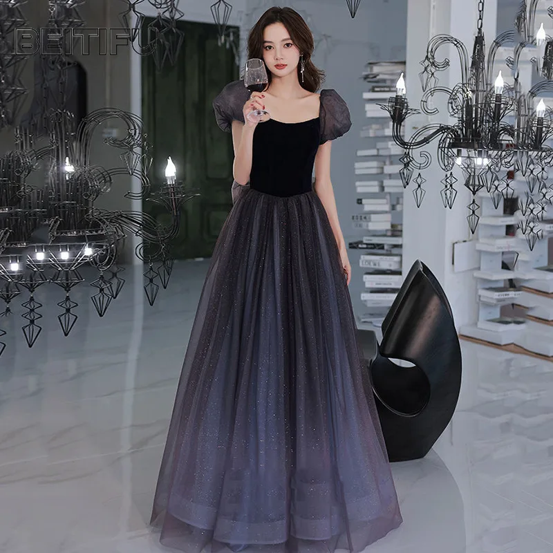 

BeitifuBaby простой стиль женское вечернее платье трапециевидной формы с короткими рукавами юбкаganza вечерние платья для женщин банкетное платье Vestidos