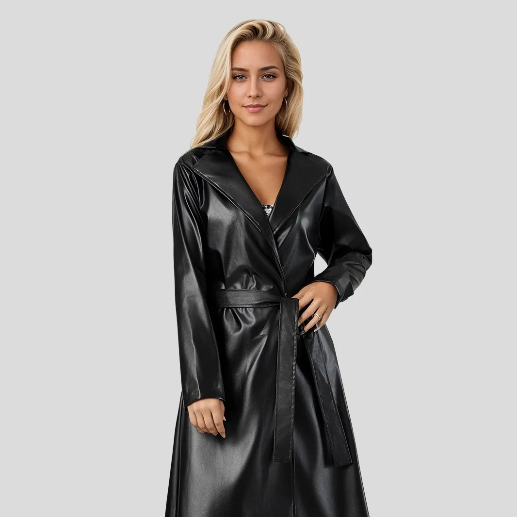 Women Trench Coat Faux Leather Lapel Pu Coats Y2k Streetwear Mid Length Full Sleeve Jacket Work Lace Up High Street Outerwear