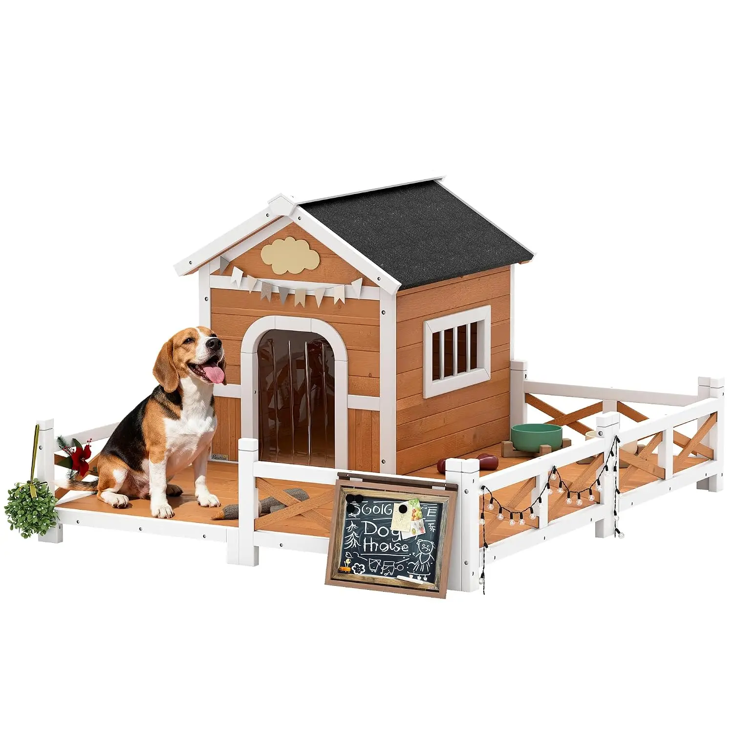Wooden Dog House With Porch, Weatherproof & Openable Roof, Elevated Base, Floor, Small To Medium Dogs, 47×56×31.5