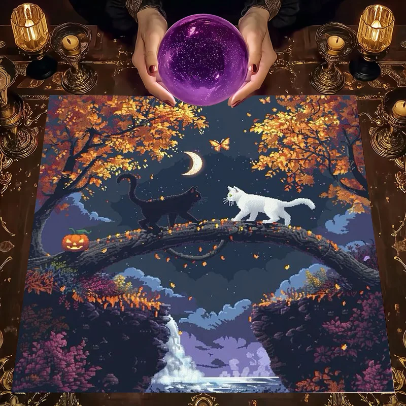 Enchanting Forest Night Scene Halloween Cat Moon Autumn Fall Tapestry Throw Blanket Decor 50X50cm 90x90cm