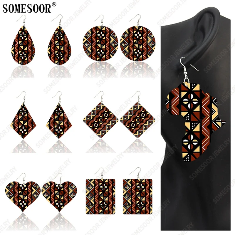 SOMESOOR Women Wooden Earrings Afro Ethnic Fabric Design Print Wood Dangle Jewelry African Ankara Seamless Pendant Accessory