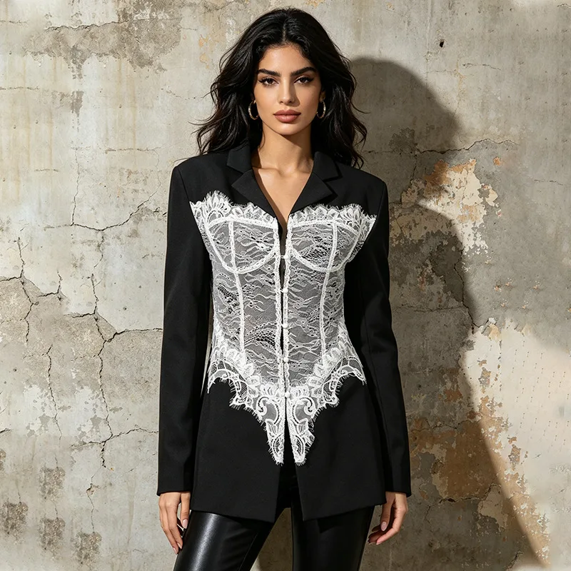 ZAMOR HIGH QUALITY Cross-Border Hot Selling Blazer 2026 New Elegant Slim Fit Lace Patchwork Button V Neck Jacket