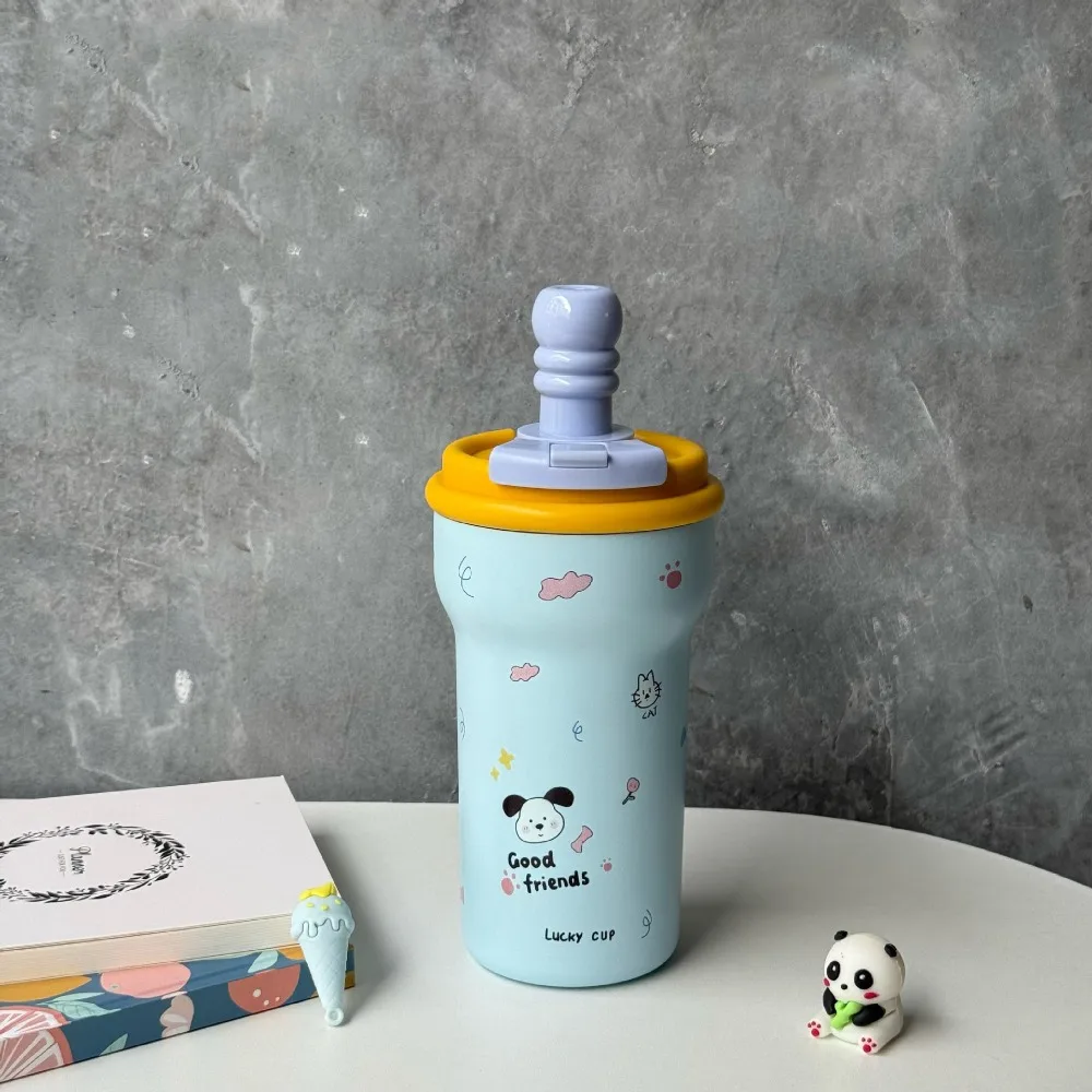 

New 600ml Vacuum Cup Stainless Steel Cartoon Straw Thermal Bottle Large Capacity Portable Insulated Cup