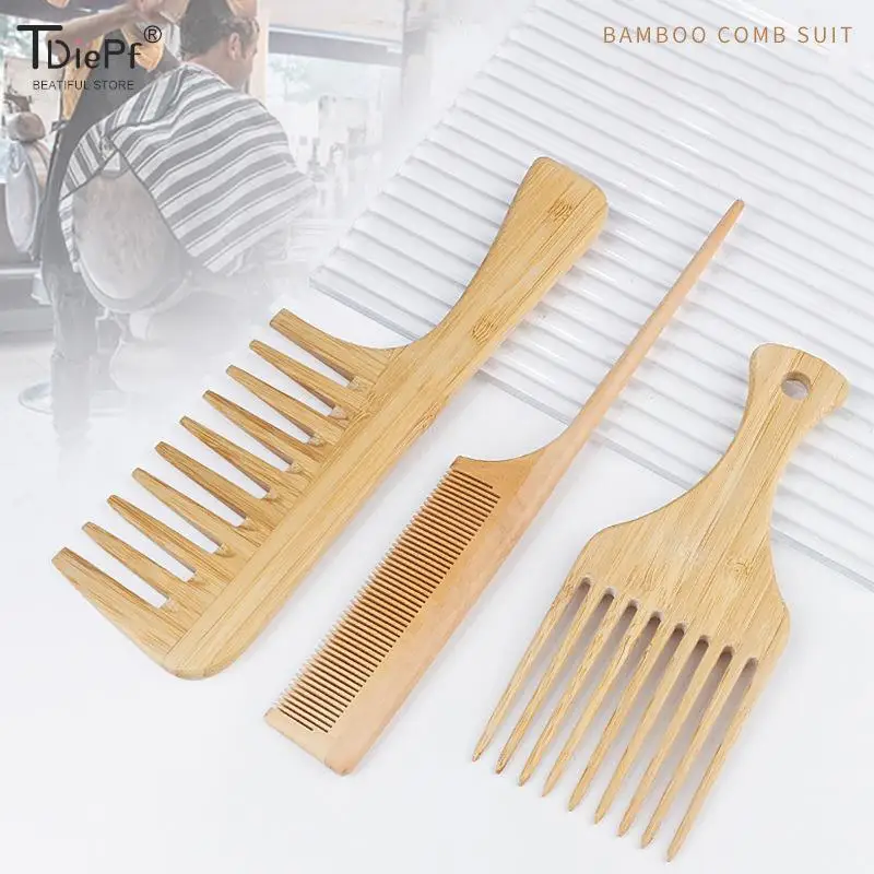 1Pcs Natural Customization Natural Bamboo Wooden Hair Comb Set Anti-Static Afro Fork Combs For Women Round Wide Teeth Wood Comb