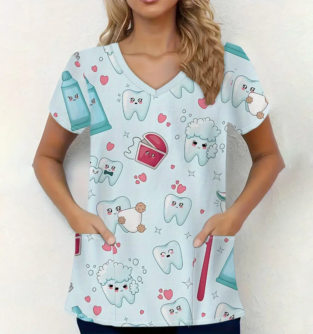 Uniforme clínico mulher dente padrão impressão enfermeira dental topos casual com decote em v manga curta com bolsos uniforme de enfermagem para mulher