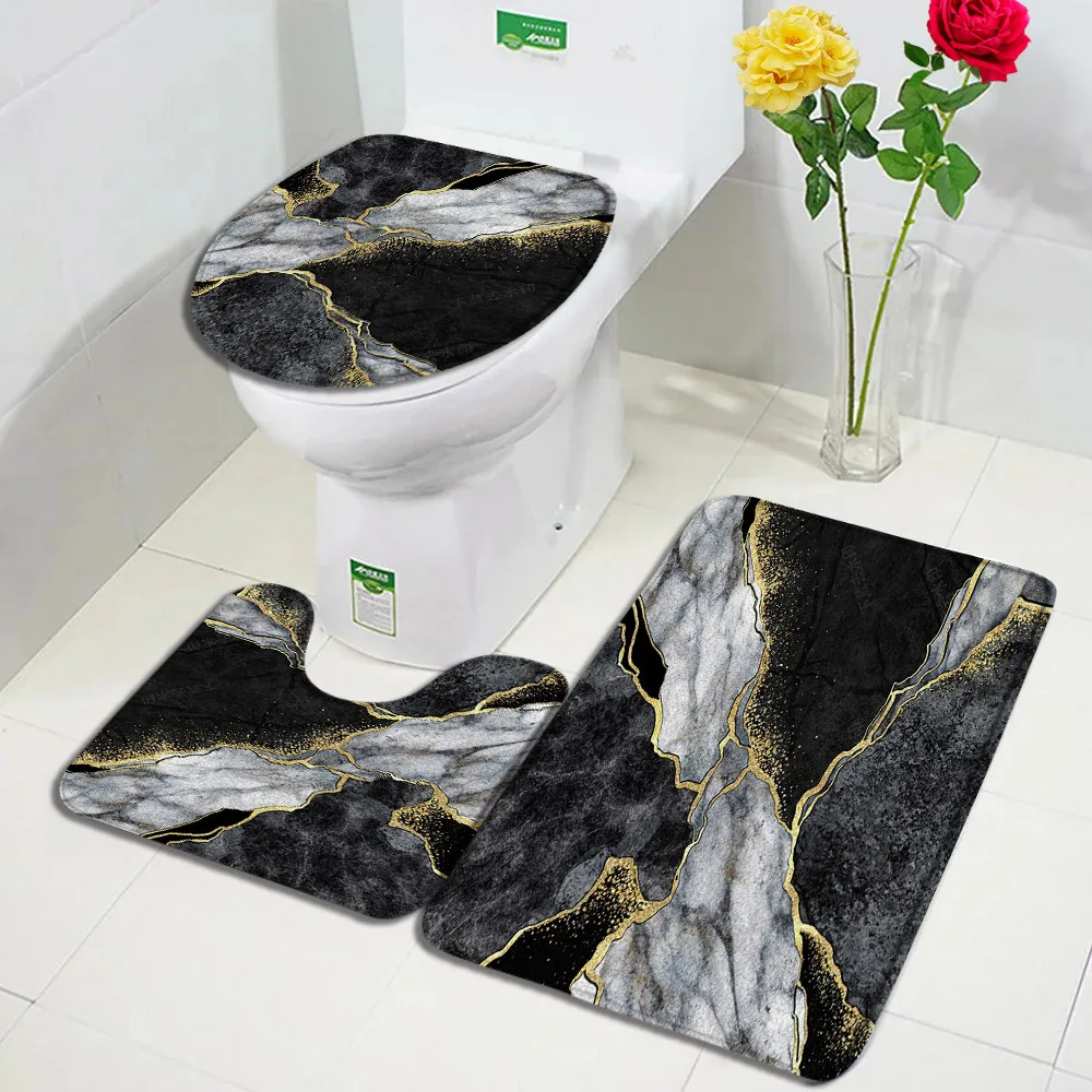 Abstract Black Marble Bath Mat Set Gold Lines Crackle Texture Modern Home Carpet Bathroom Decor Anti Slip Rugs Toilet Lid Cover