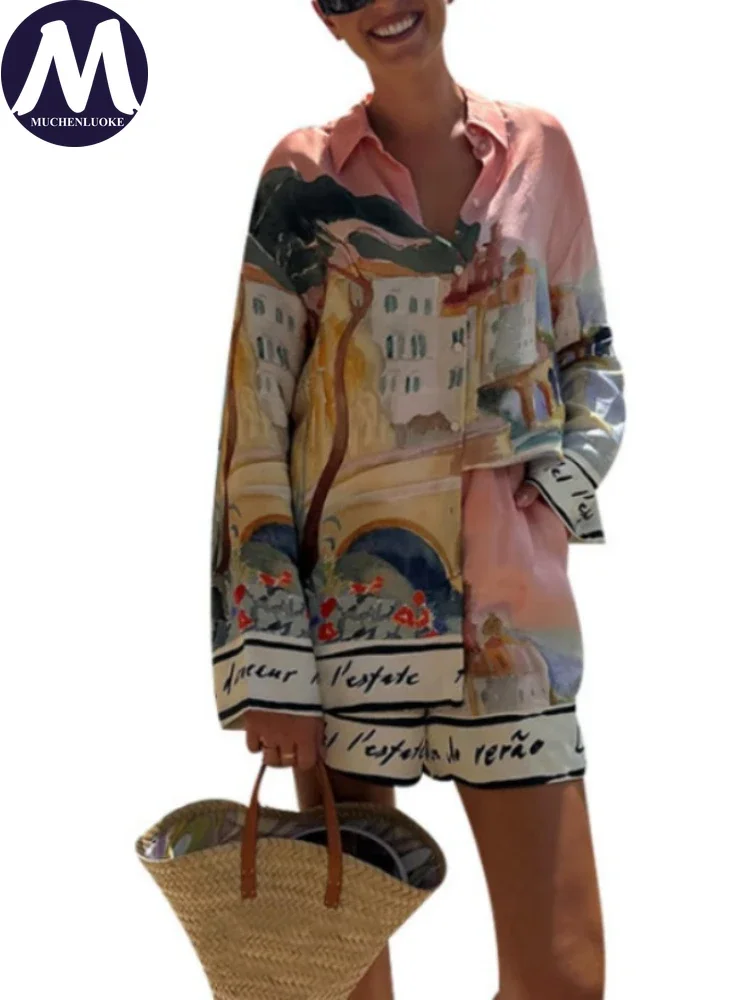 

Женский комплект из 2 предметов, летние новые элегантные рубашки с длинными рукавами и принтом, топы, костюмы, модные повседневные свободные пляжные шорты, комплекты