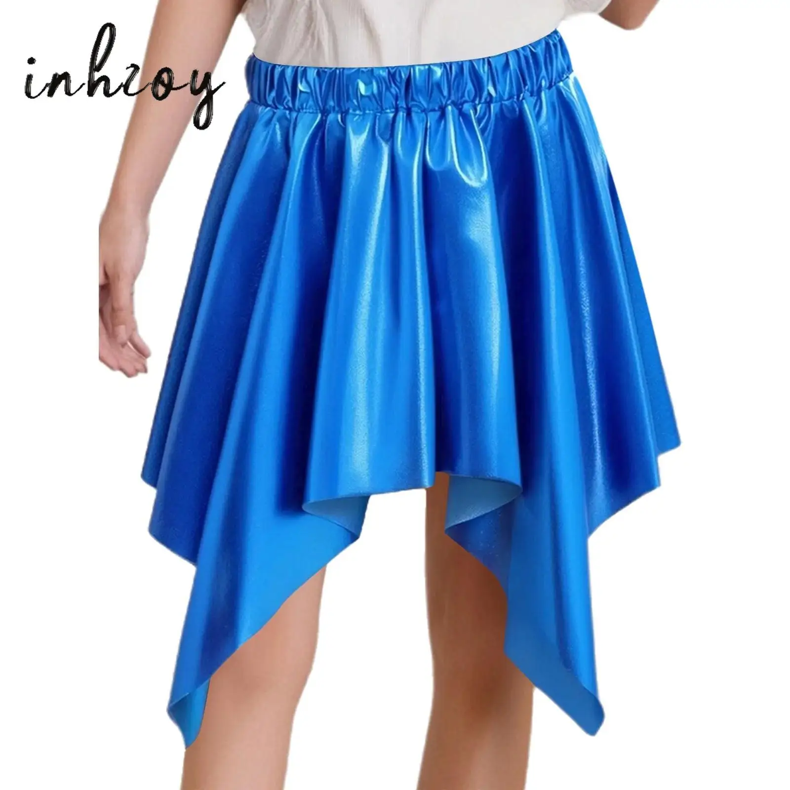 

Kids Girls Dance Skirt Cheerleading Jazz Performance Costume Elastic Waistband Metallic Irregular Ruffled Asymmetrical Skirts