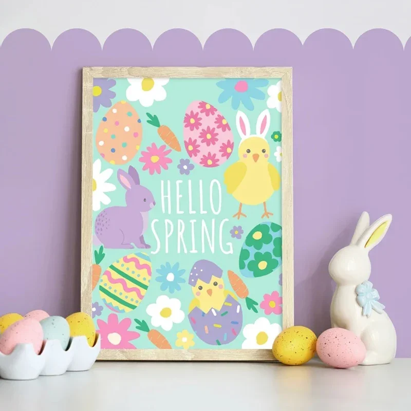 Multiple sizes 1pc frameless Canvas Painting Hello Spring Cute Easter Wall Art, Spring Decor, Pastel Colours Print, Kids Room, C