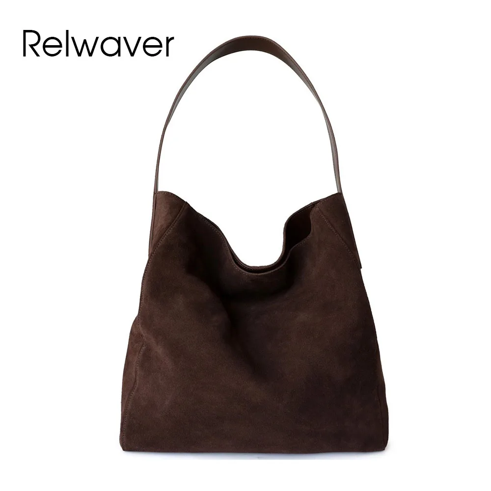 

Relwaver bucket bag suede cowhide fashion shoulder bag 2025 spring versatile fashion women handbags soft big commuting tote bag