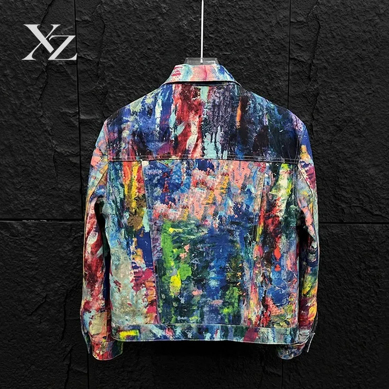 Premium Hip Hop Graffiti Art Denim Jacket for Men – Plus Size Colorful Abstract Oil Painting Casual Streetwear Trucker Coat