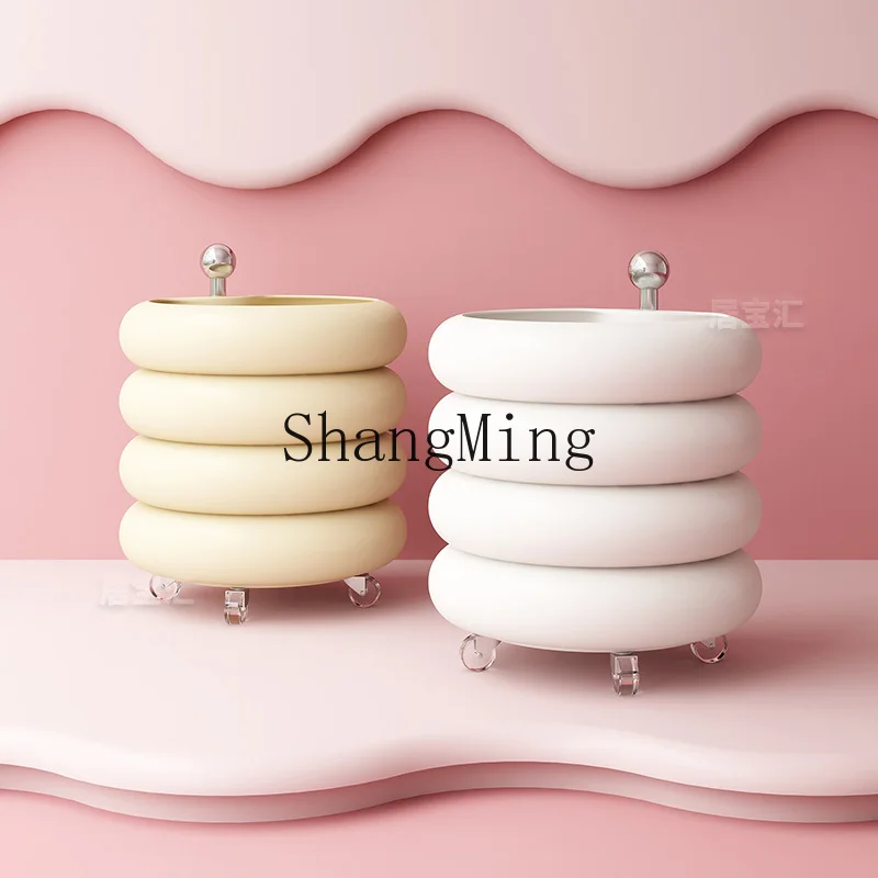 

SM cream wind bedside table rotating with wheel round new solid wood large capacity bedroom bedside table