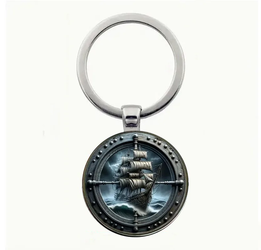 

Zinc alloy pirate ship keychain - equipped with detailed sailing masts, flowing banners, and waves - multifunctional package acc