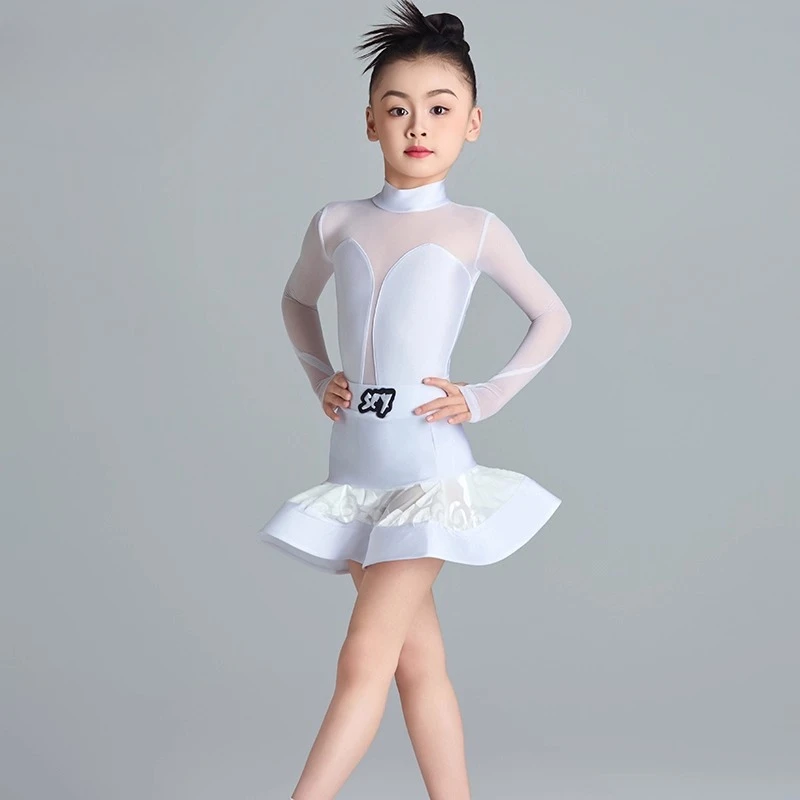 New summer high-end white professional fishbone skirt for girls Latin dance costumes and practice girls' performance costumes