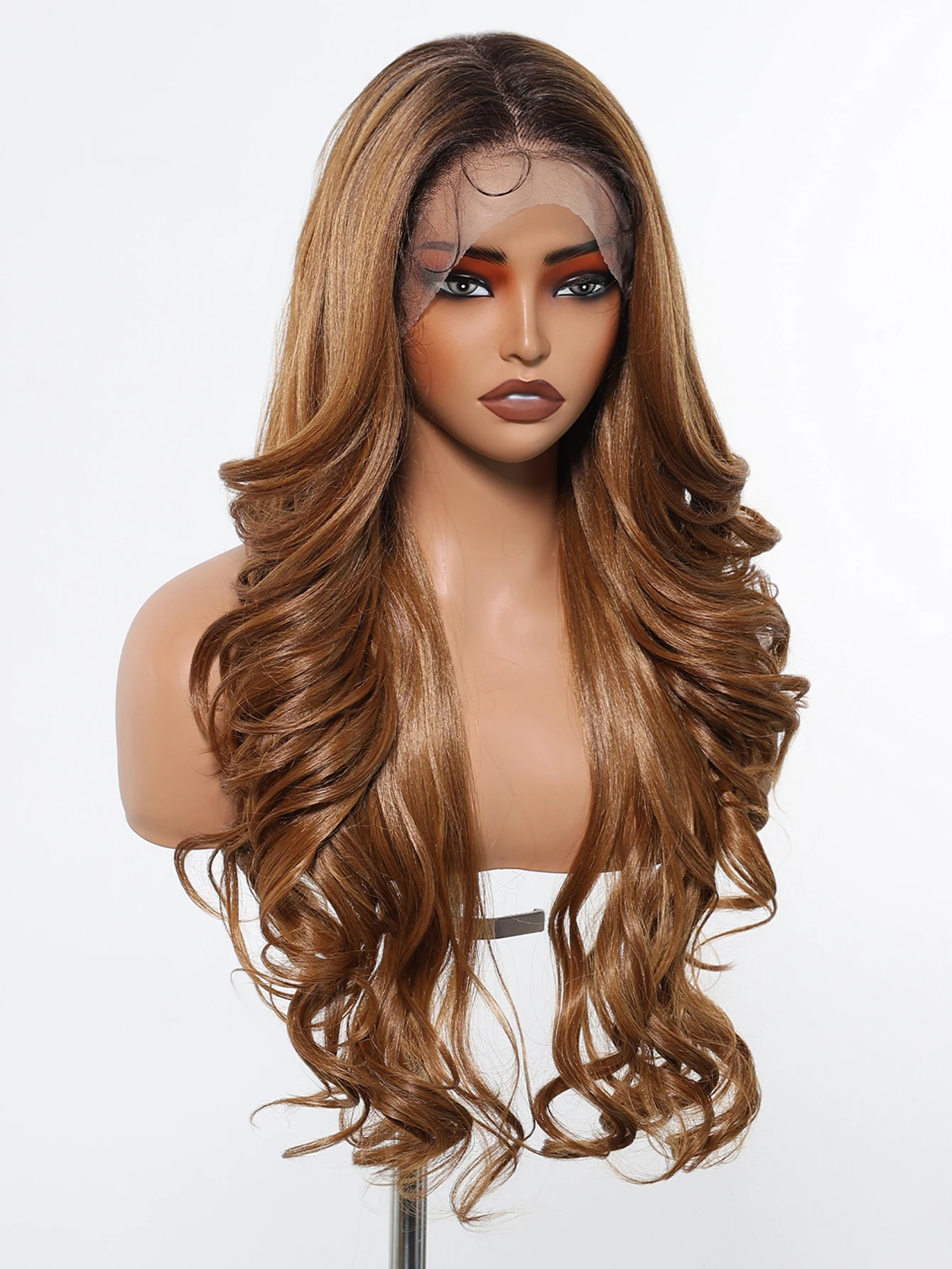 13x6 Lace Front Wig 26 Inch Brown Highlight Synthetic Body Wave Layered Glueless Heat Resistant Wig for Women