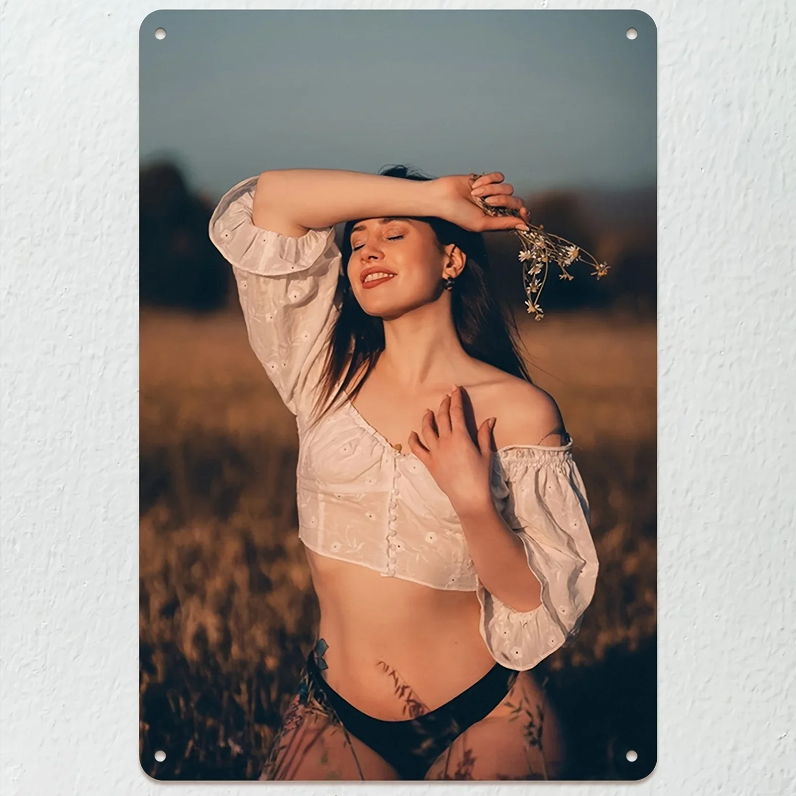2D Metal Sign, Sexy Woman Art Poster with Floral Decor, Modern Home Office Wall Decor, 8x12 Inch Aluminum Unframed, Bedroom B