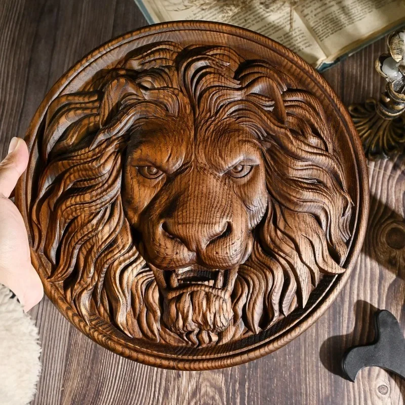 Lion Head Wood Carving Crafts, Wall Hanging Plaque, Retro Style, Animal Carving, Home Decor