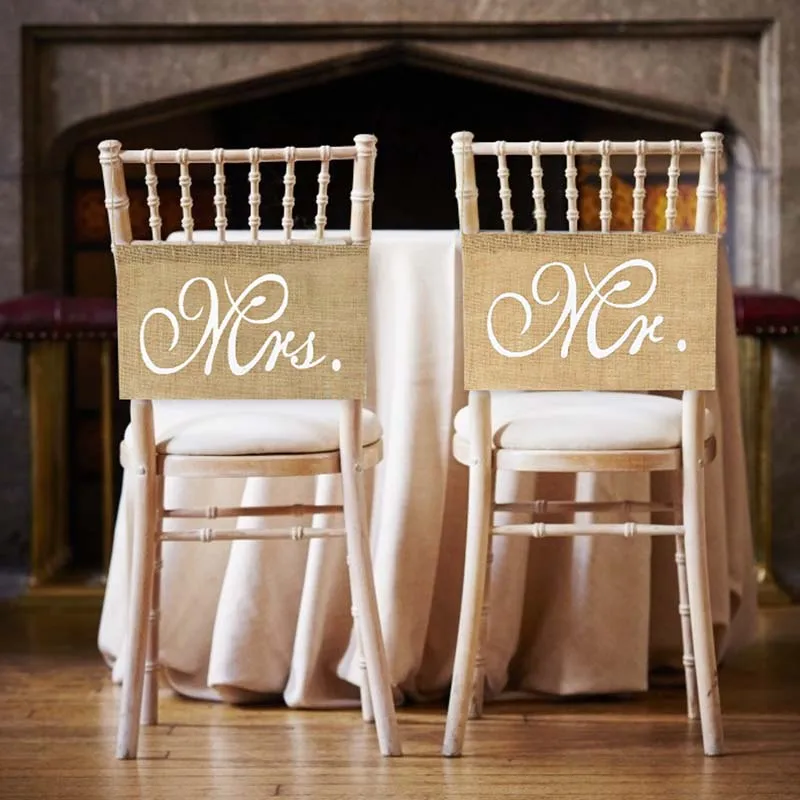 1 Pair Mr Mrs Wedding Chair Banner Jute Burlap Flags Hanging Sign Vintage Rustic Wedding Decoration Photo Props Party Supplies