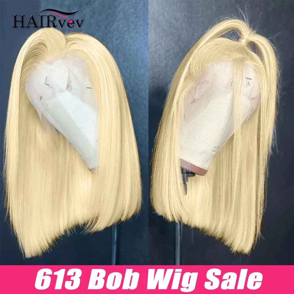 Peluca de cabello humano liso brasileño con encaje frontal, pelo corto Bob de 13x4 HD, color rubio 613, transparente, 613