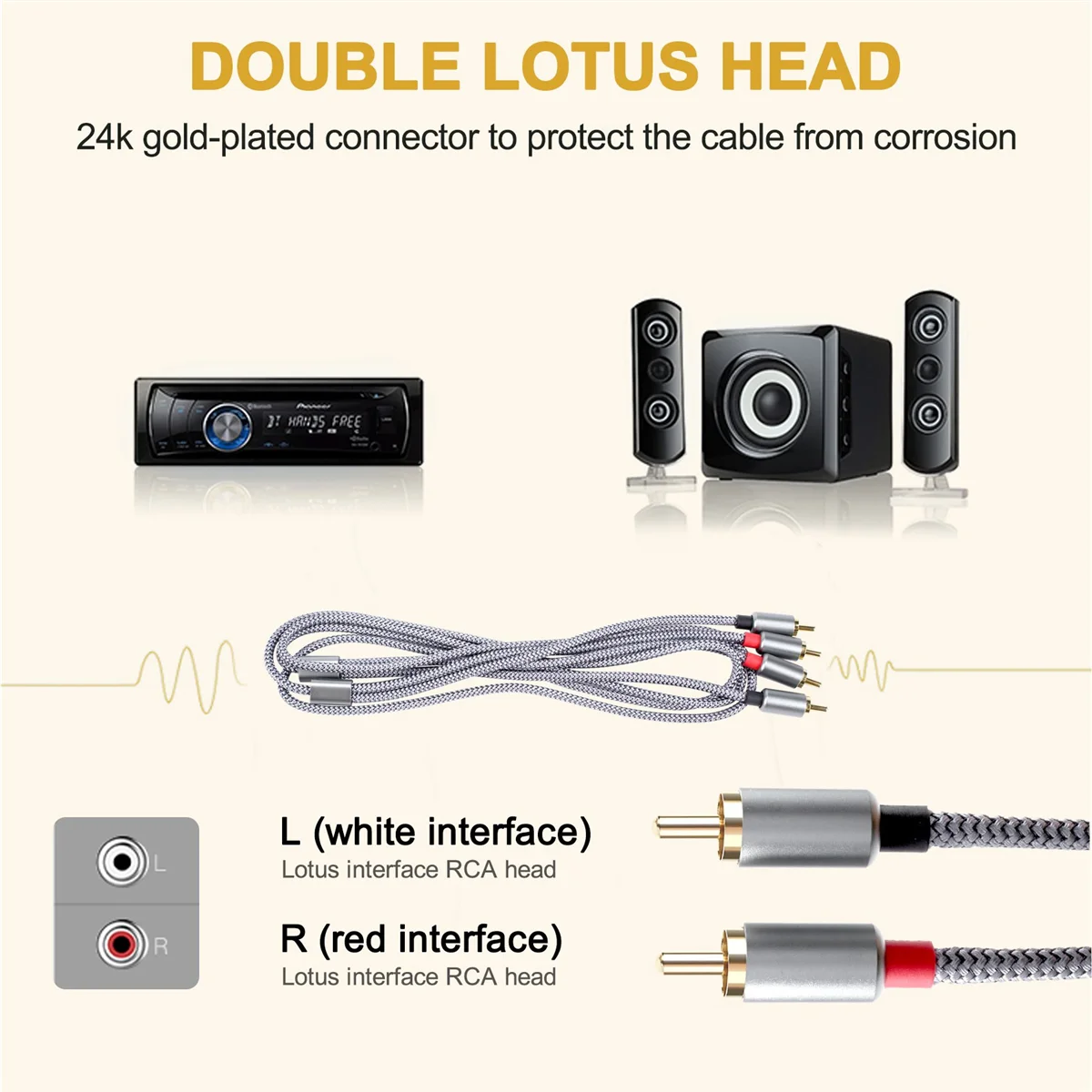 Rca ذكر إلى 2rca ذكر كابل صوت ستيريو ، 6 قدم/م ، مطلي بالذهب بحماية مزدوجة ، للمسرح المنزلي