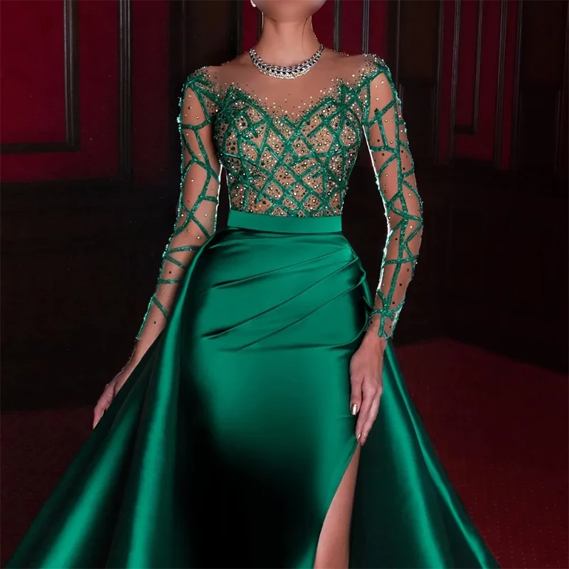 Elegant Lace Mermaid Evening Dresses Emerald Green Formal Gowns Long Sleeves Satin Sexy Slit Beads Party Prom Gowns Customized