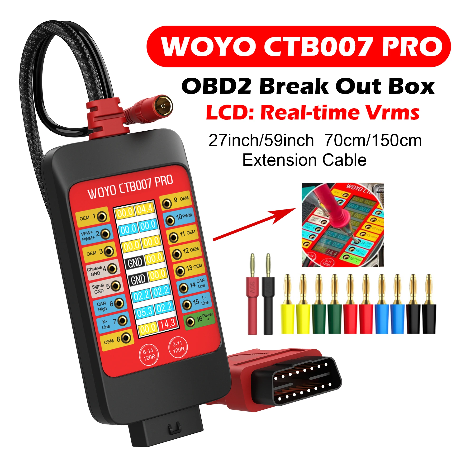 

WOYO CTB007 PRO OBD2 Breakout Box with LCD Digital Vrms Display CAN Tester Box ECU Testing Tool on Bench Built-in 120Ω Switch
