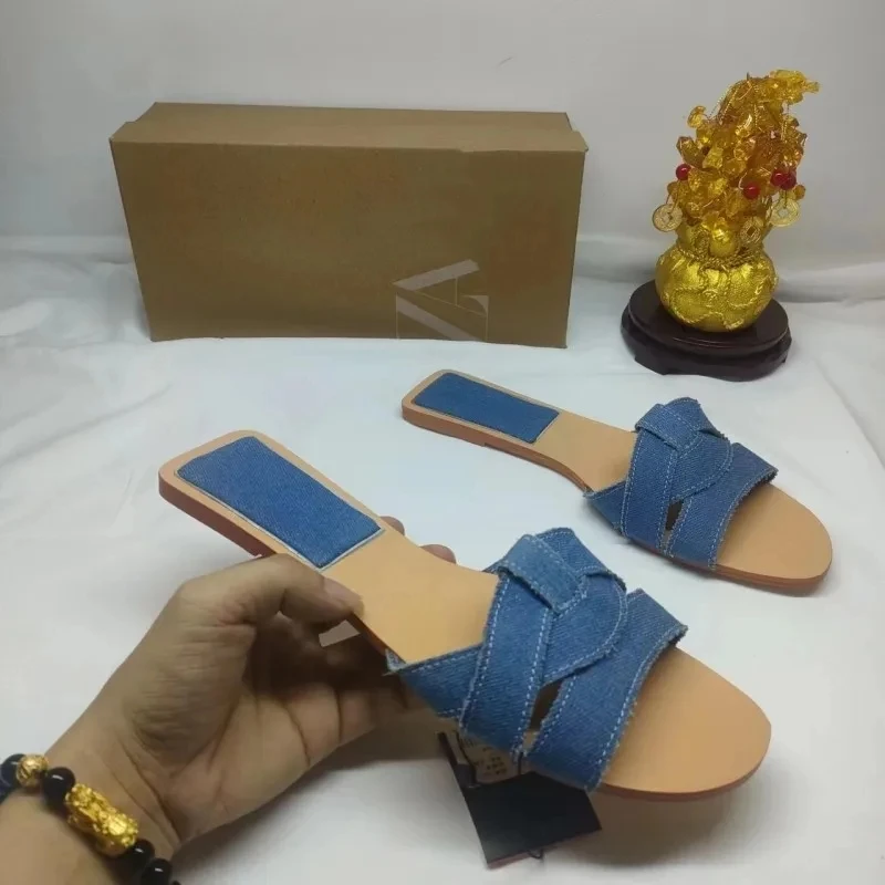 TRAF sandal Denim wanita, Kasut Flip flop jari bulat, kasual 2024 untuk perempuan