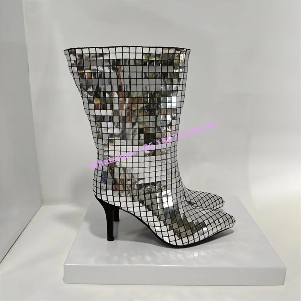 

Bling Silvery Short Boots Square Glitter Slip On Pointy Toe Thin Heels Luxury Sexy Stage Runway Shoes Women's Shiny Winter Boots