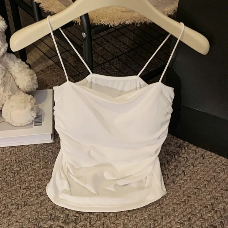 퓨어 디자이어 섹시 얇은 패드 여성용 탱크탑 여름 얇은 플리츠 슬리밍 슬림핏 아우터웨어 출퇴근용 슬리브트 길이