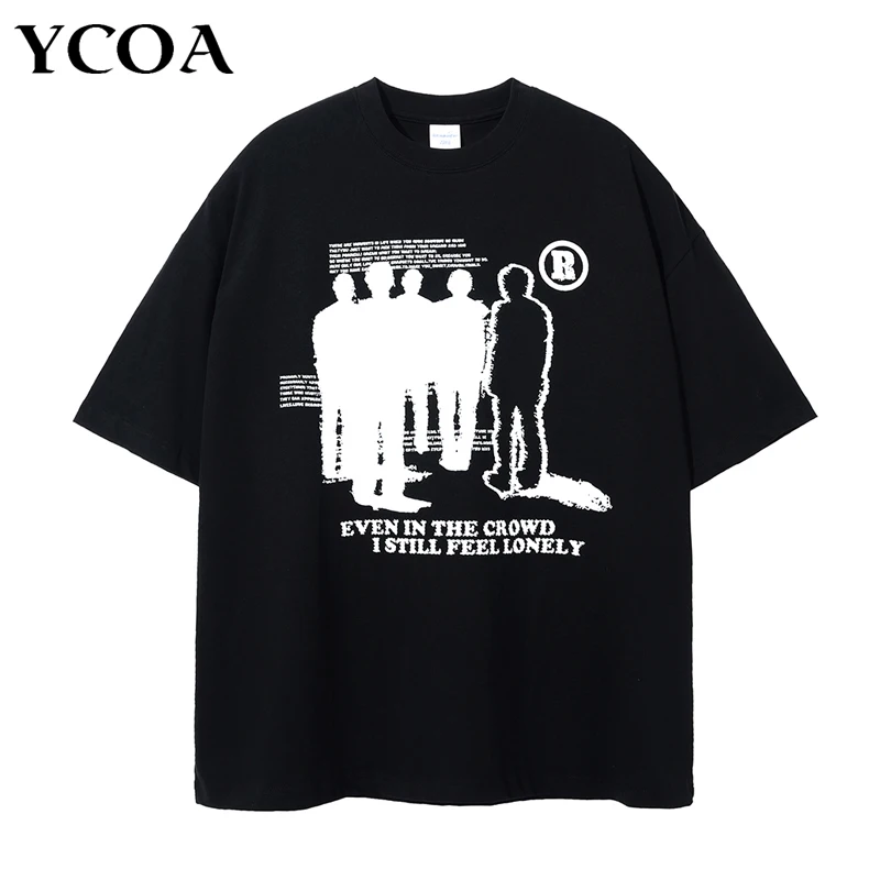 Men T-Shirt Oversized 2023 Cotton Gothic Print Punk Short Sleeve Black Summer Hip Hop Streetwear Lonely Shadow Graphic Clothing