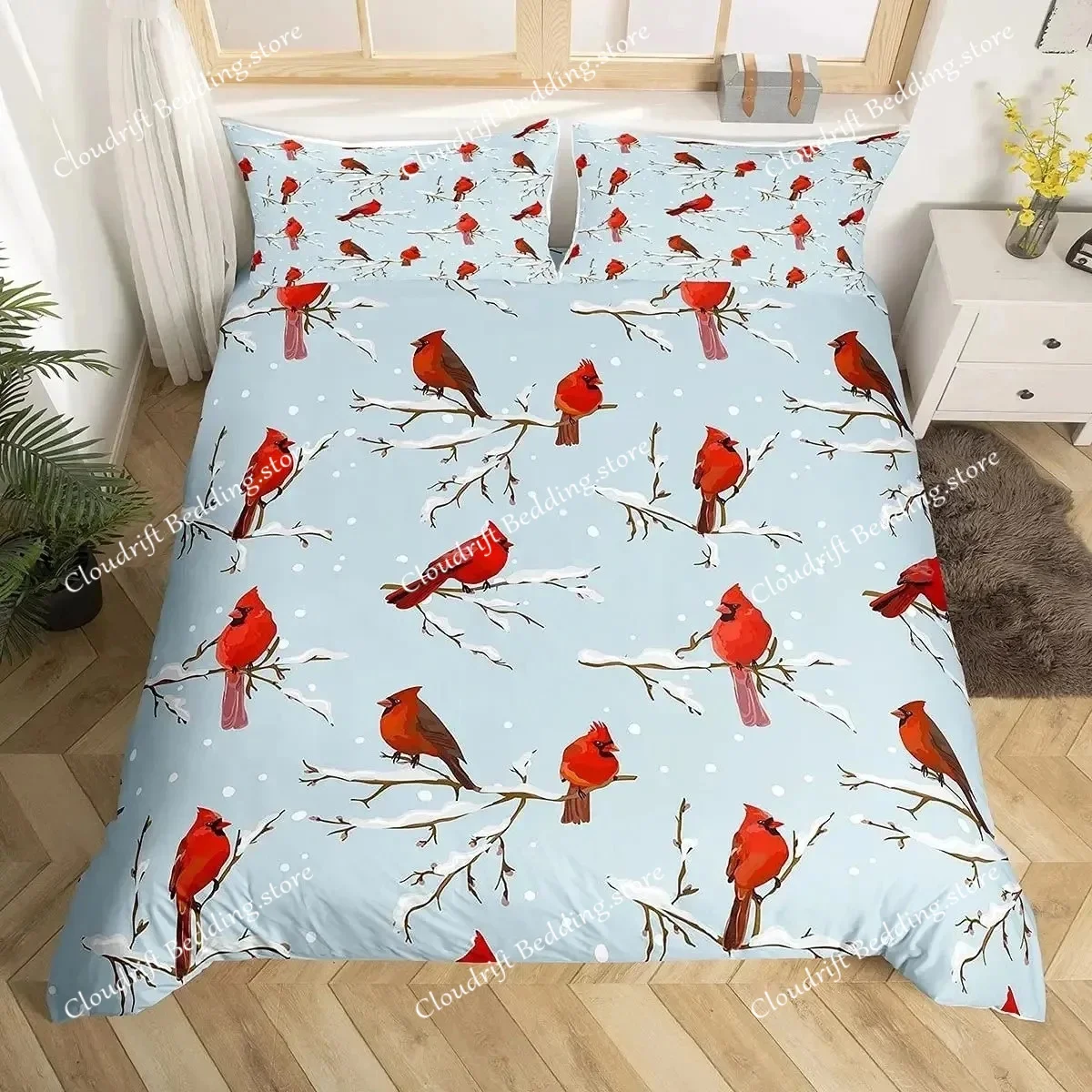Cartoon Birds Duvet Cover Set,Watercolor Cute Music Animal Bedding Set Comforter Cover,Childlike Style Quilt Cover Set Full Size