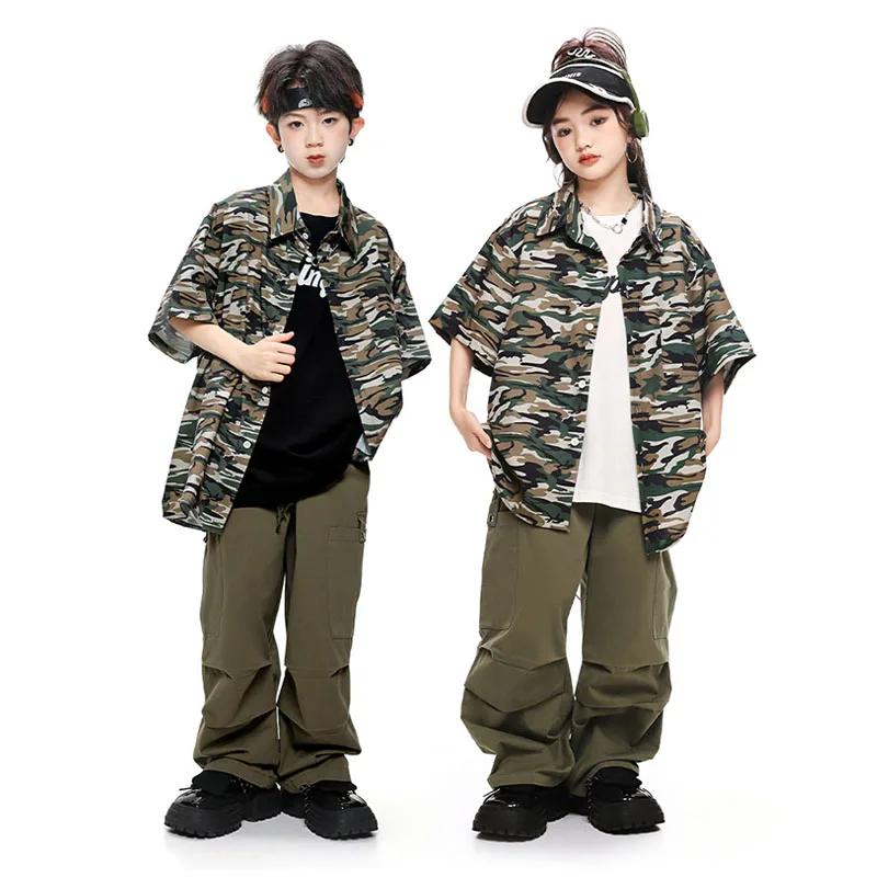 

Kid Cool Hip Hop Clothing Camo Short Sleeve Shirt Top Army Green Casual Ruched Pants for Girl Boy Jazz Dance Costumes Clothes