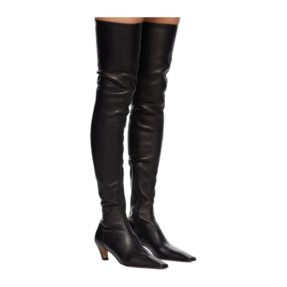 New Arrival Balck Over The Knee High Boots Small Square Toe Middel Heel Sexy Tight-fitting Elastic Thigh Boots For Women