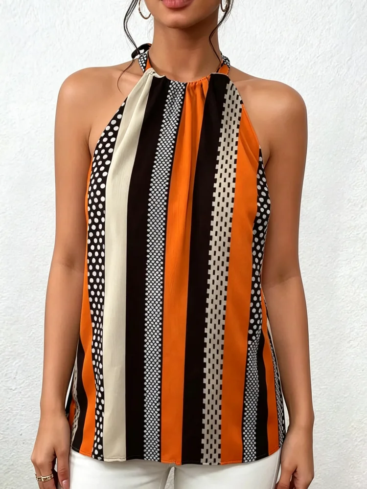 Women's Tank Top Spring Summer Orange Brown Striped Polka Dot Print Halter Neck Sleeveless Retro Chic Daily Casual Top