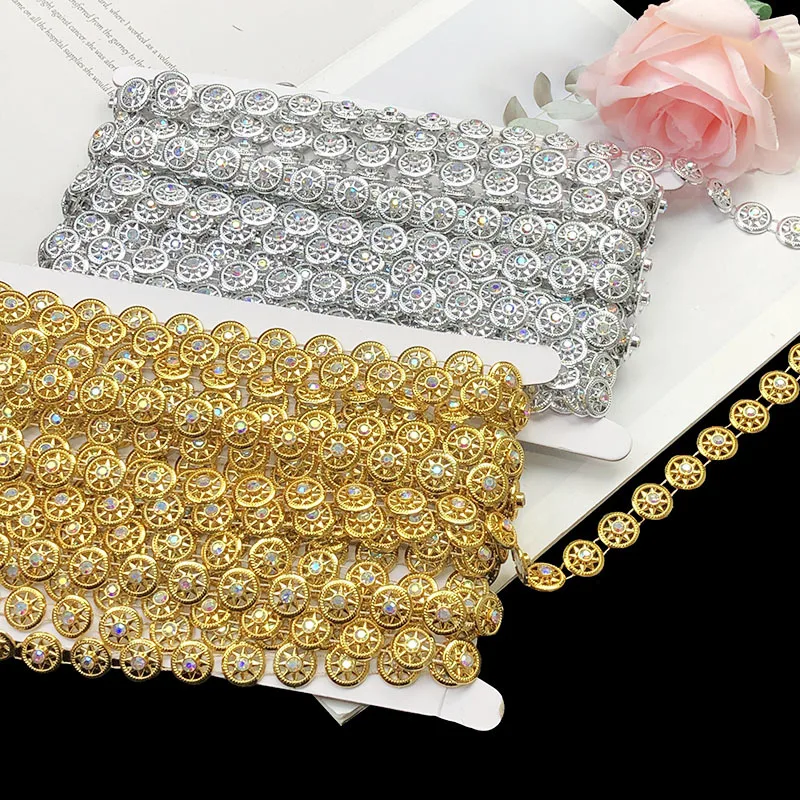 8 Yards 1.4cm Wide Glittering Circular Rhinestone Chain Lace Trim Gold Silver Crystal for Wedding Dress Sewing DIY Craft Decor