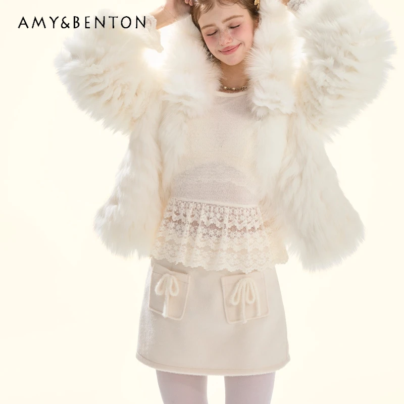 กระโปรงสั้นทรงเอ ผ้าวูลผสมแอปริคอต ดีไซน์ฝรั่งเศส สำหรับผู้หญิง ฤดูใบไม้ร่วง-ฤดูหนาว  หรูหรา  ใช้งานได้หลากหลาย  มีกระเป๋า