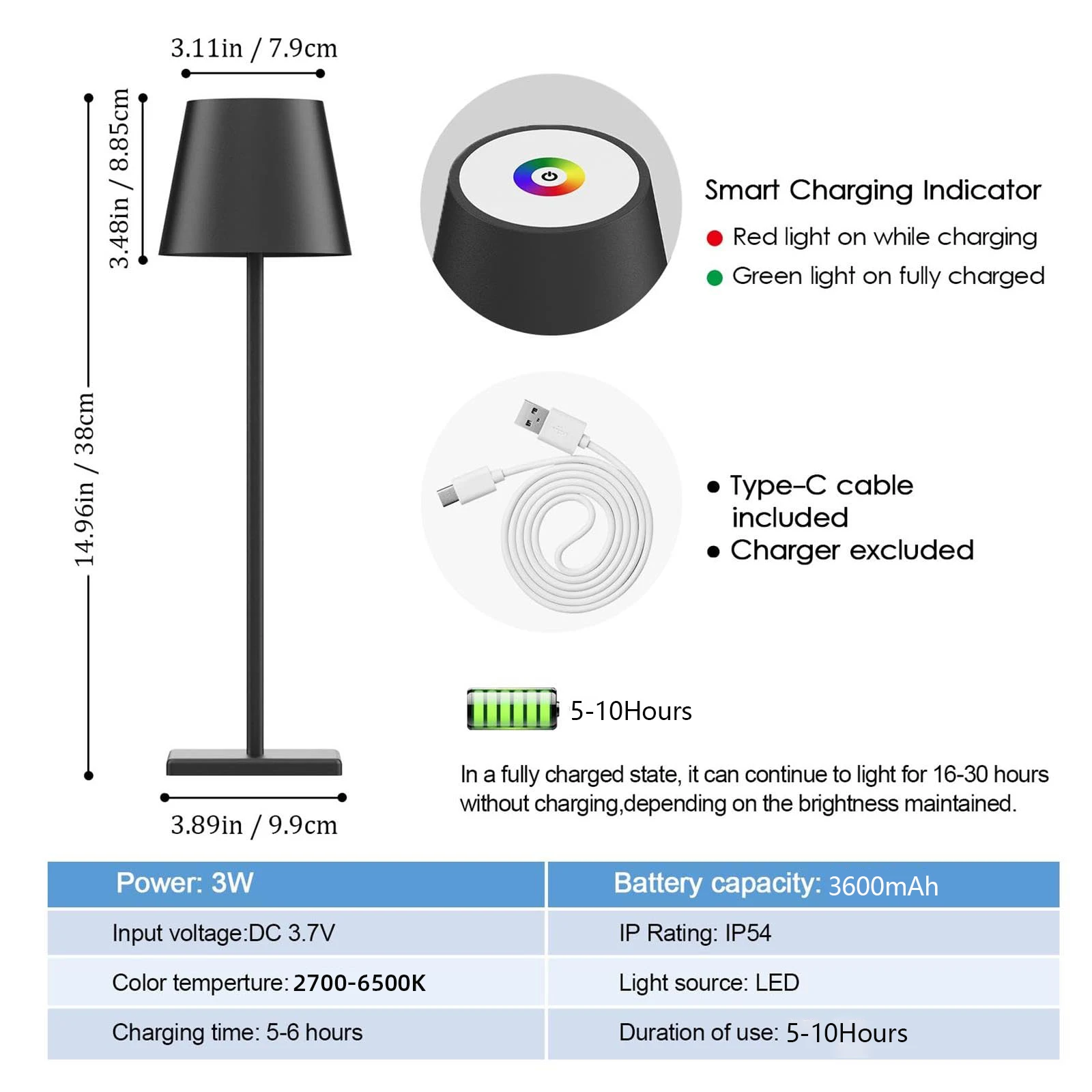 IRALAN Modern 3 Color Temperature LED Table Lamp Stepless Dimming Touch Control Rechargeable Batter For Dining Room Living Room