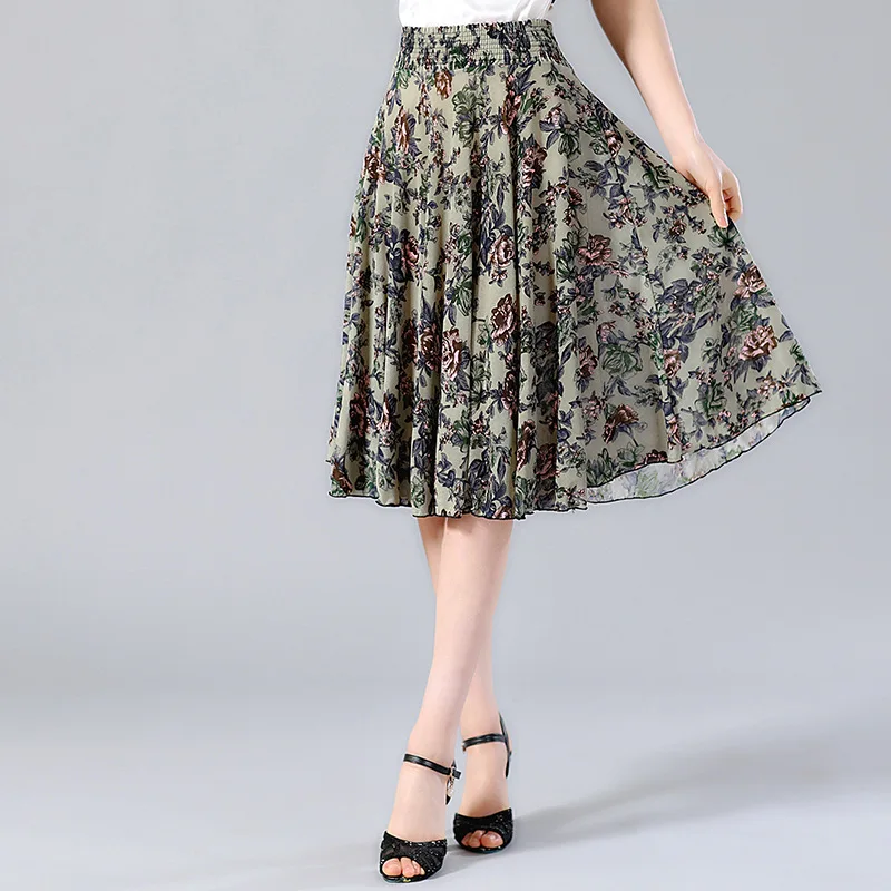 Middle-Aged and Elderly Dancing Dress Skirt Summer Women's Mom Clothing plus Size Elastic Waist Mid Skirt Sundress Heather Dress