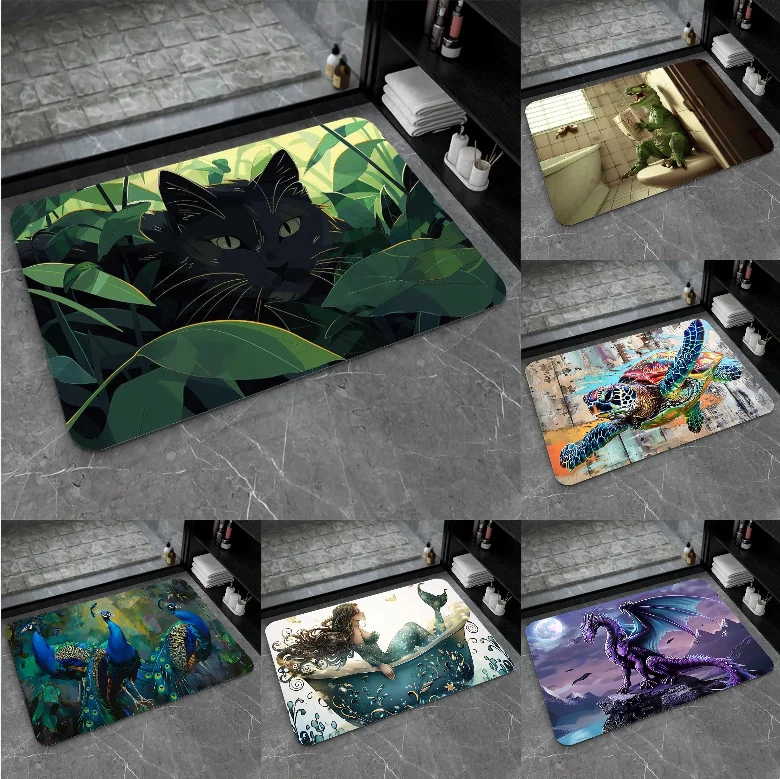 Verträumtes Tier, schwarze Katze, Pfau, Meerjungfrau-Muster, Teppich, Badezimmer, Küche, Wohnzimmer, Fußmatte, Innenboden, Dekoration, Kunstdruck-Matte
