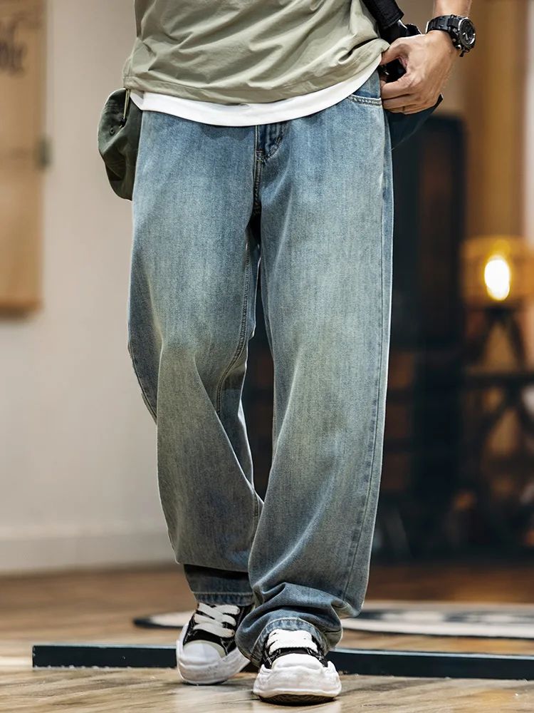 

Washed American Style Thin Jeans Men Summer New Elastic Waist Loose Straight Casual Long Pants Cotton Recycled Fiber Polyester