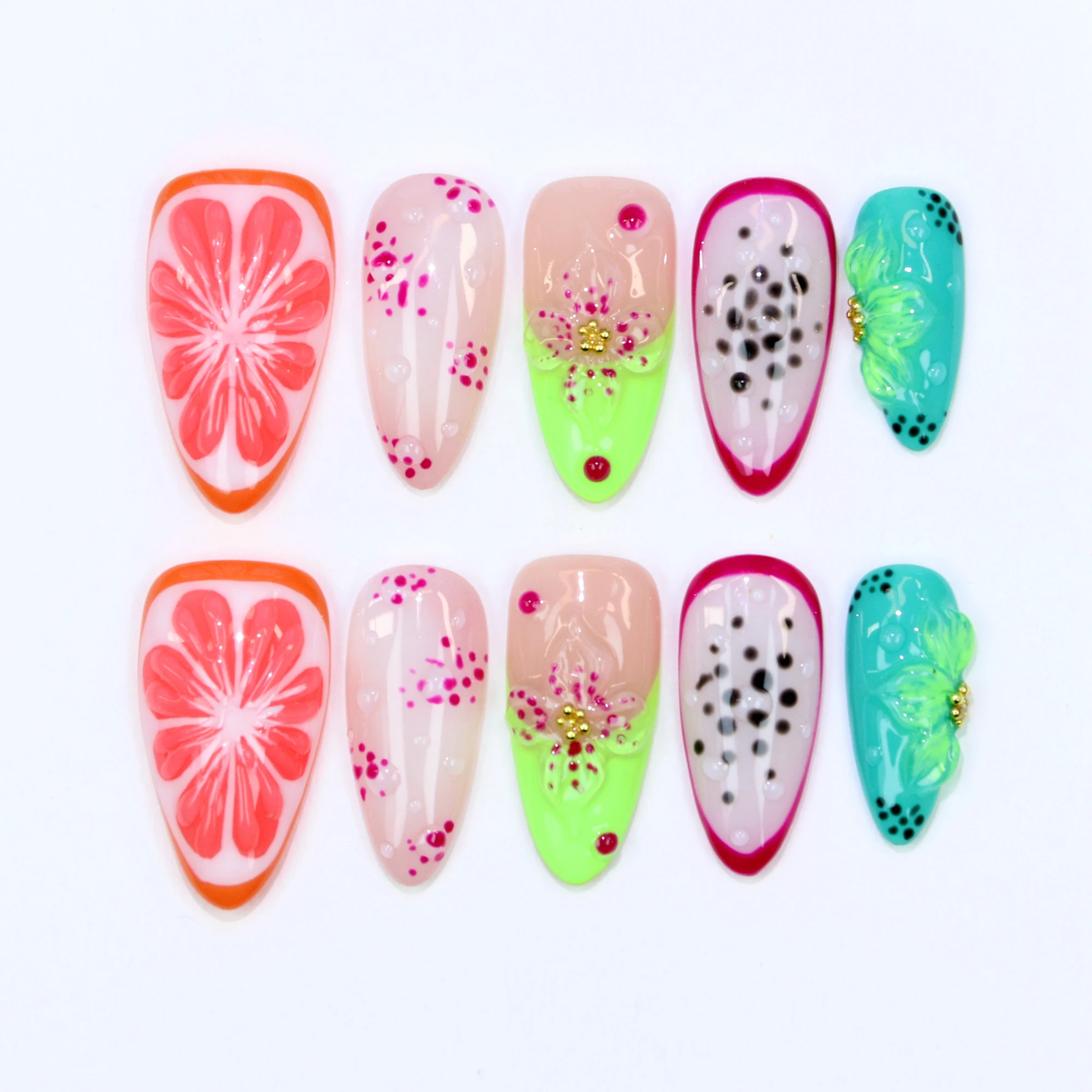 

10 шт. Y2K, ручная роспись, стильный пресс для ногтей, 3D акрил, роскошные королевские красивые цветы, набор клейких пилочек для ногтей на заказ