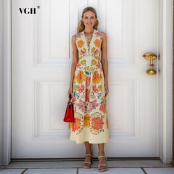 VGH Hit Color Floral Printing Elegant Dresses For Women V Neck Sleeveless High Waist Slimming A Line Long Dress Female Fashion