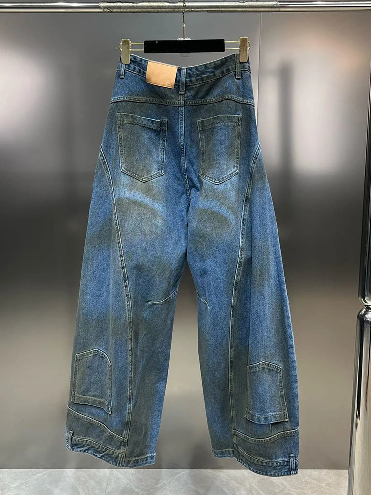 DEAT Vintage Trendy Women\'s Broken Hole Wide Leg Jeans 2024 Spring Fashion New High Waist Button Denim Pants Female 11XX7806