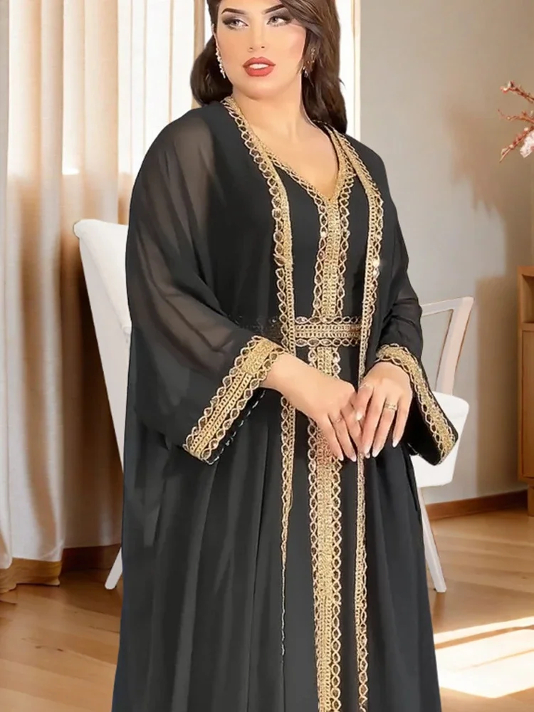 Eid Muslim Party Dress for Women Abaya 2 Piece Set Chiffon Ramadan Long Dress Belt Kaftan Vestidos Largos Dubai Robe Jalabiya