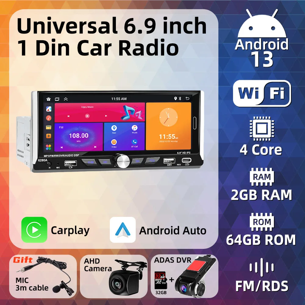 

1Din 6.9" Android Car Radio Multimedia Player Car Stereo Head Unit Wireless Carplay Autoradio GPS Navigation WIFI Android Auto