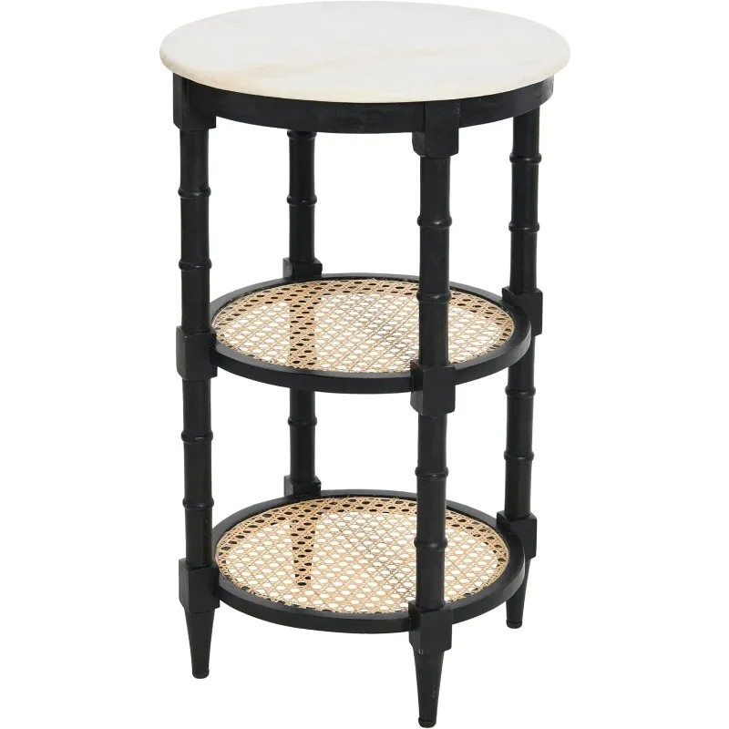 Mango Wood and Woven Cane Side End Table,