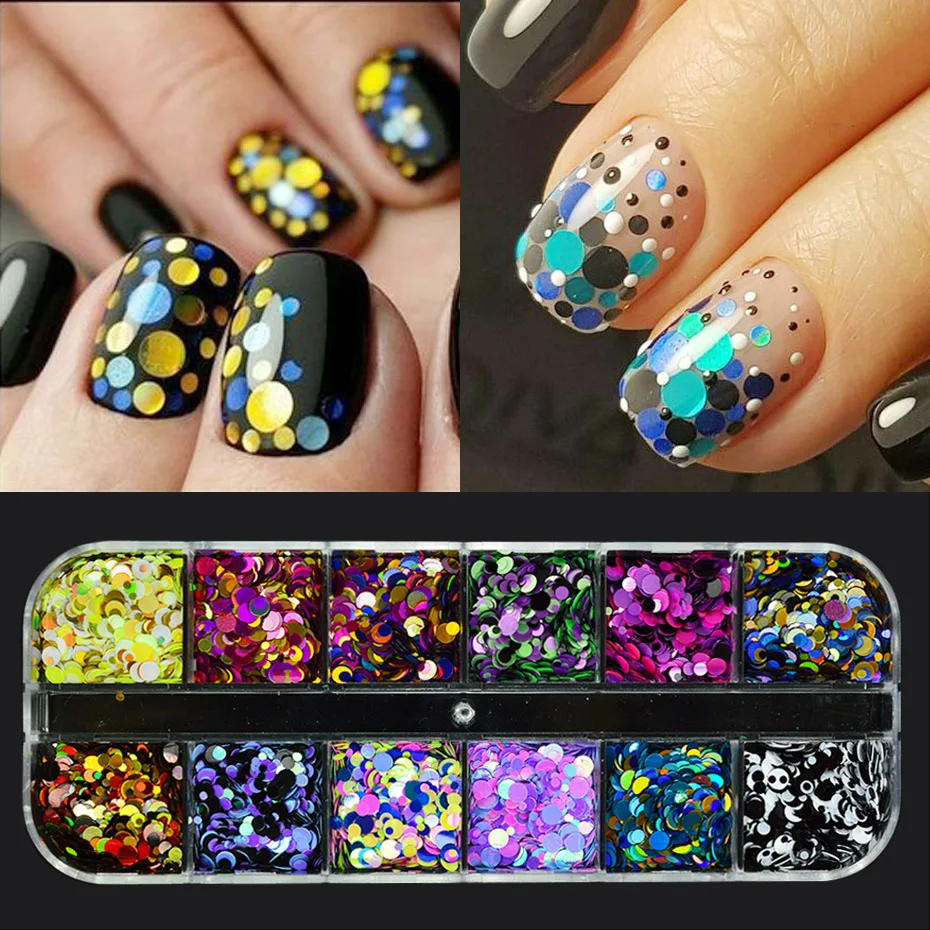 Poudre à paillettes pour ongles, 12 grilles, couleurs mélangées, flocons ronds 3D, holographique brillant, accessoires de décoration pour manucure Nail Art